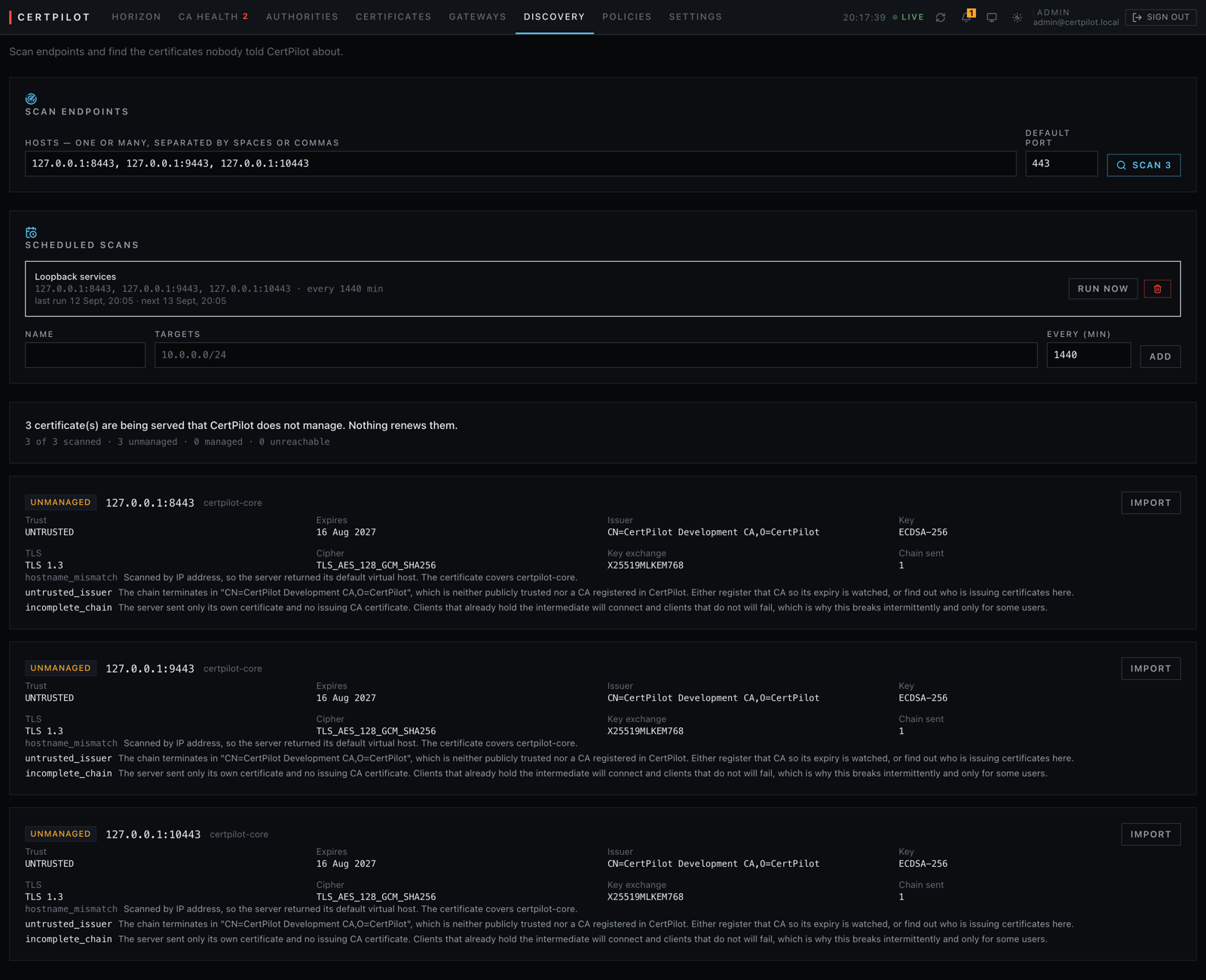 A completed scan of three endpoints, reporting three certificates served that CertPilot does not manage, each with its trust state, TLS version, cipher and findings.